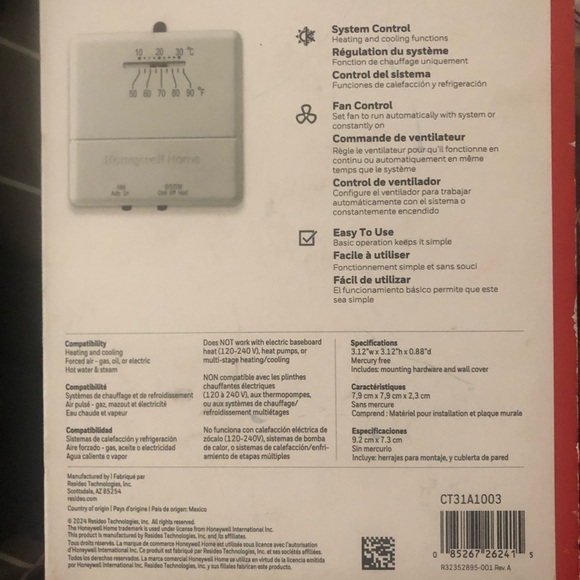 HONEYWELL NON-PROGRAMMABLE THERMOSTAT CT31A - Picture 2 of 2